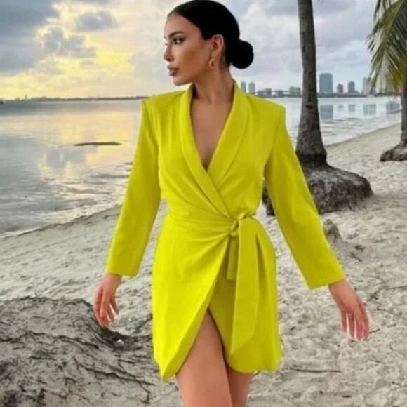 NWT Zara Pareo Blazer Wrap Dress Lime Green XS - Picture 11 of 11
